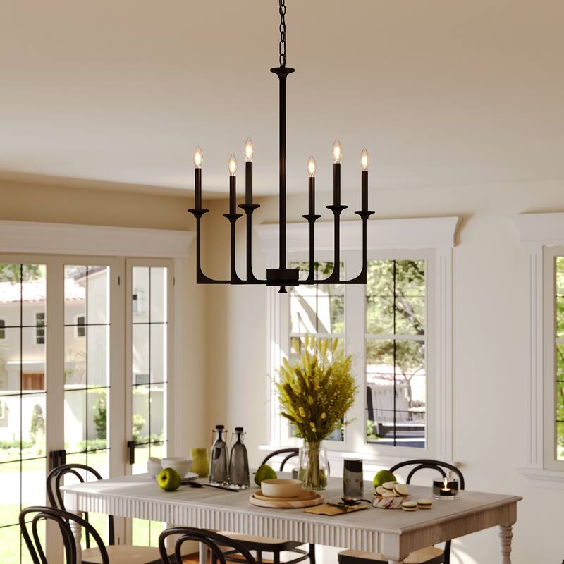 6-Light Matte Black Modern Chandelier, Height Adjustable Pendant