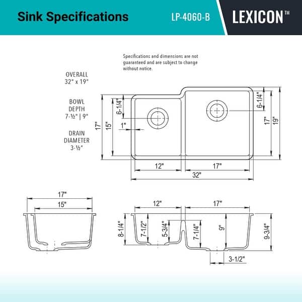 dimension image slide 4 of 6, Lexicon Platinum Quartz 40/60 Double Bowl Kitchen Sink