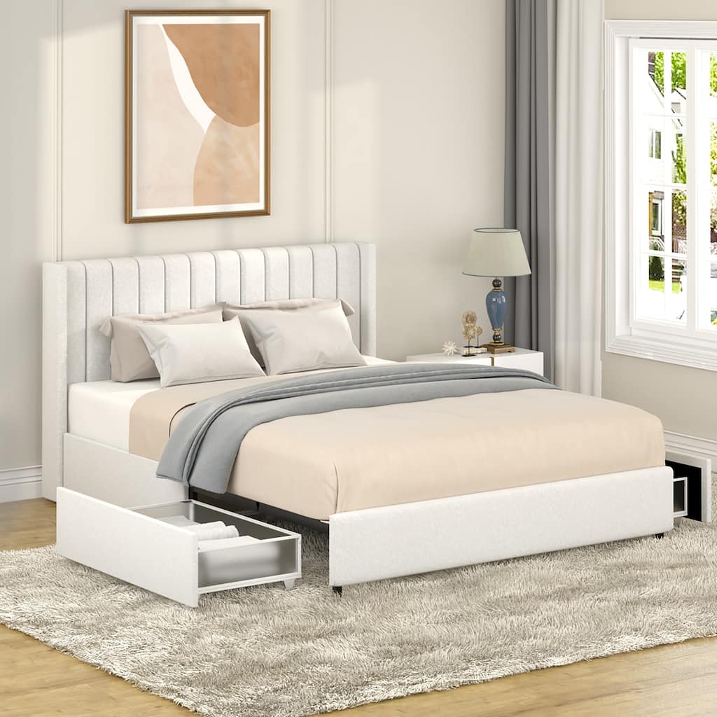 Queen Size Ivory Boucle Upholstered Platform Bed with 2 Built-in Drawers and Tufted Headboard