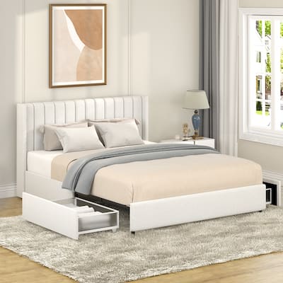 Queen Size Ivory Boucle Upholstered Platform Bed with Tufted Headboard & 2 Under-Bed Storage Drawers, No Box Spring Required