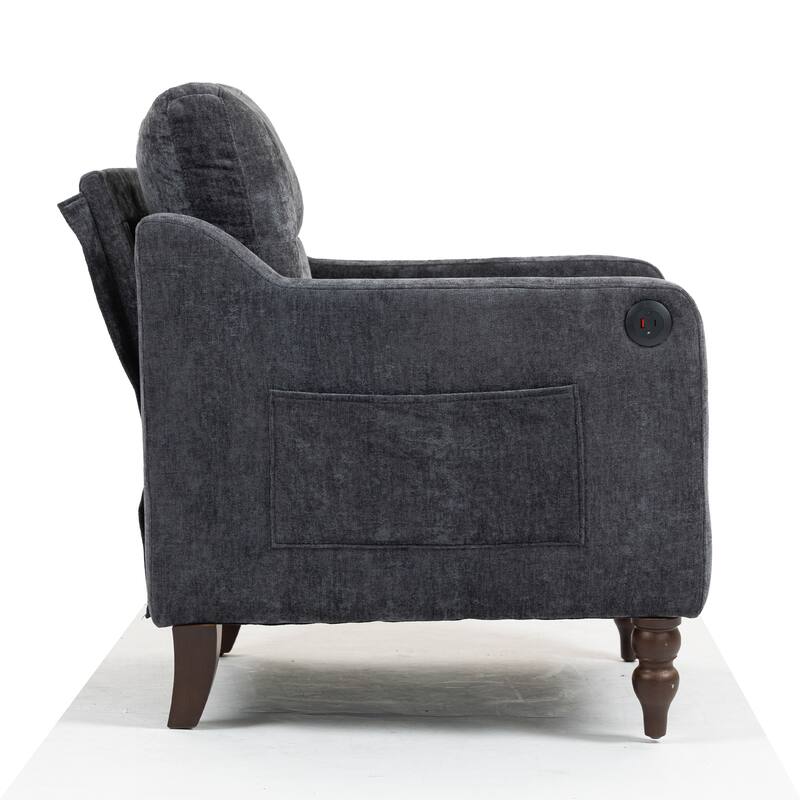 Chenille Accent Armchair, Upholstered Lounge Chair with USB Port, Single Sofa Chair with Wooden Legs & Side Storage