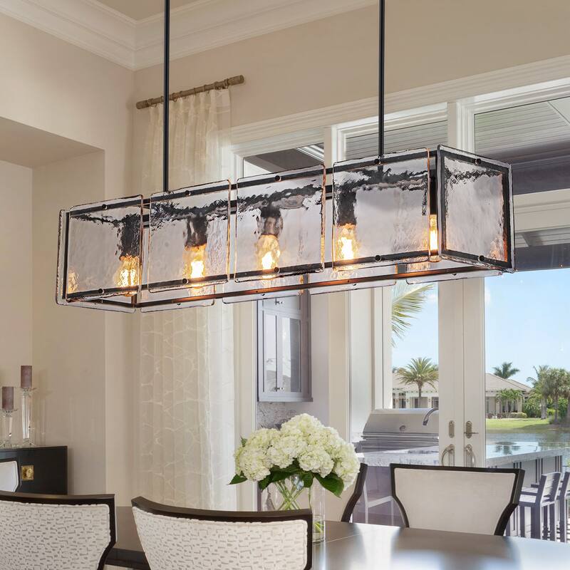 Modern 39.37" Large Rectangle Water Ripple Glass Chandelier for Dining Room - W39.4" - Black