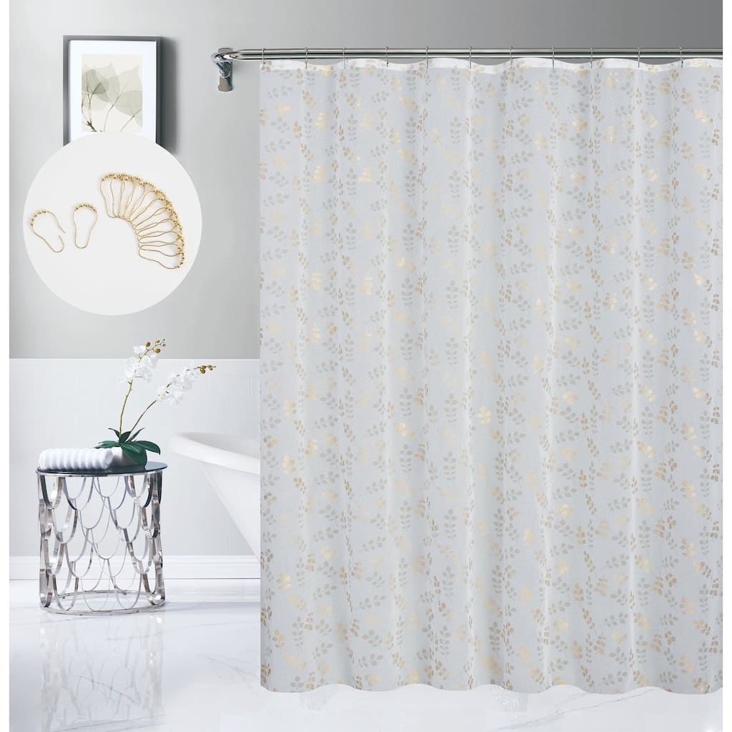 Dainty Home Clarissa Linen Textured Metallic Floral Leaves Designed Fabric Shower Curtain with 12 Matching Hooks 70" x 72"