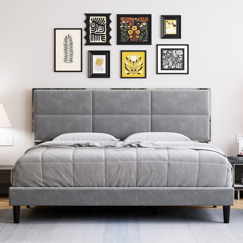 Velvet Upholstered Platform Bed Frame with Headboard and Footboard - Grey - Full