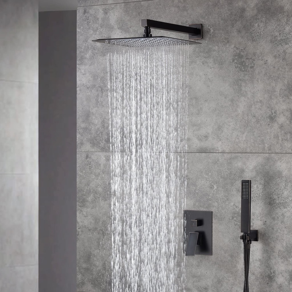 oil rubbered bronze wall mount 12 inch rain head 2 way shower faucet with handle sprayer - 7'6" x 10'9"