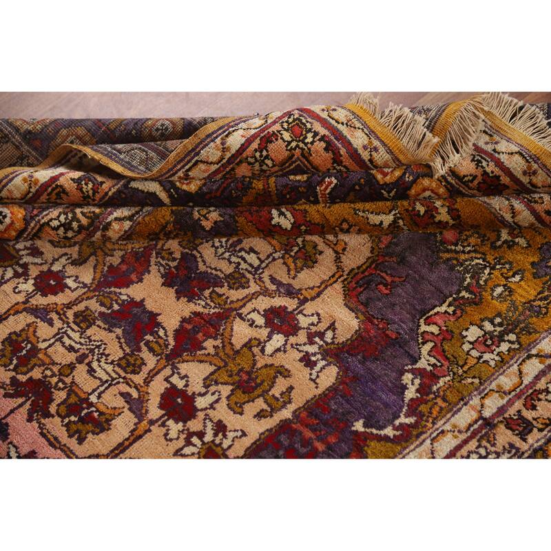 Hand Knotted Oriental Silk Carpet Transitional Medallion Purples Anatolian Area Rug - 5' 2'' X 4' 0''