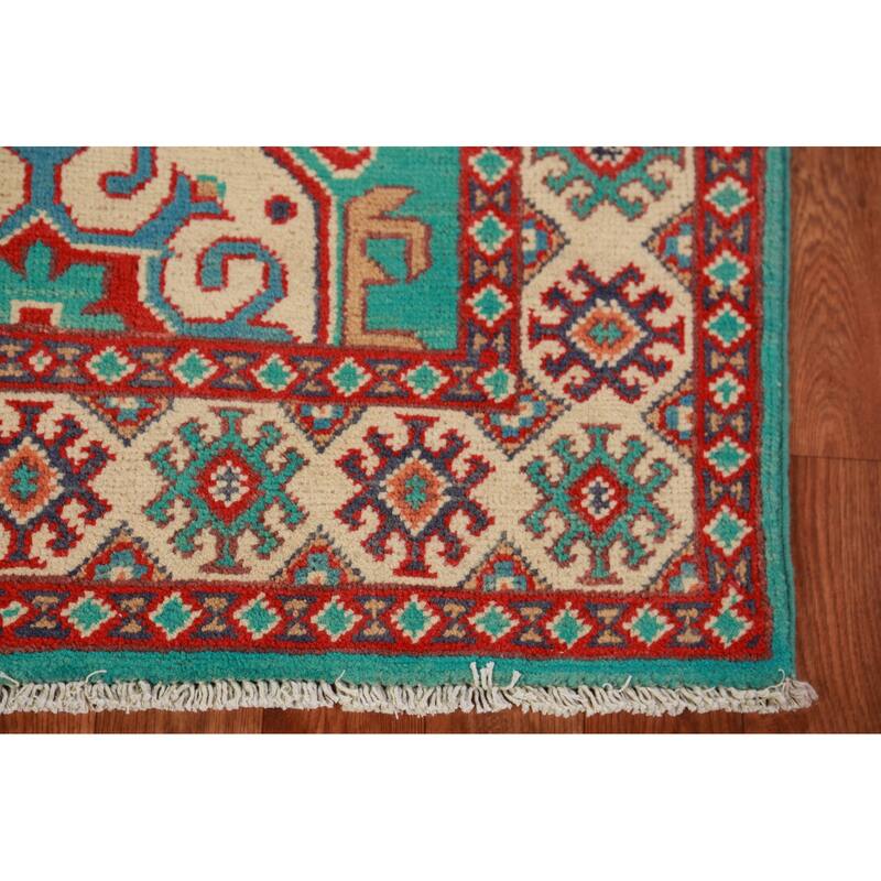 Turquoise / Green Kazak Foyer Rug Geometric Handmade Wool Carpet - 2'9"x 4'0"