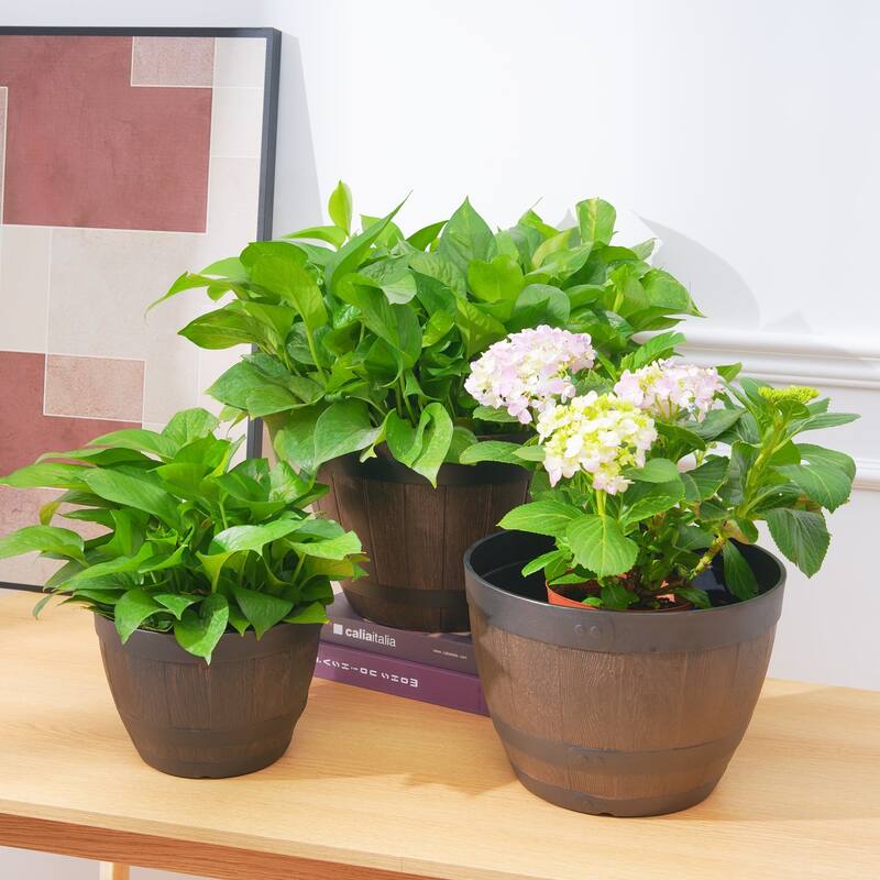 Javlergo (9"/11.3"/13") 3-Pack Planter, Plastic Whiskey Barrel Planter Decoration Flower Pots with Drainage Holes & Saucer - 13"