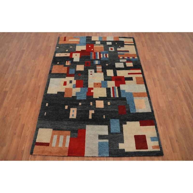 Hand Knotted Oriental 100% Wool Carpet Modern Geometric Greys & Charcoal Gabbeh Area Rug - 7' 8'' X 5' 4''