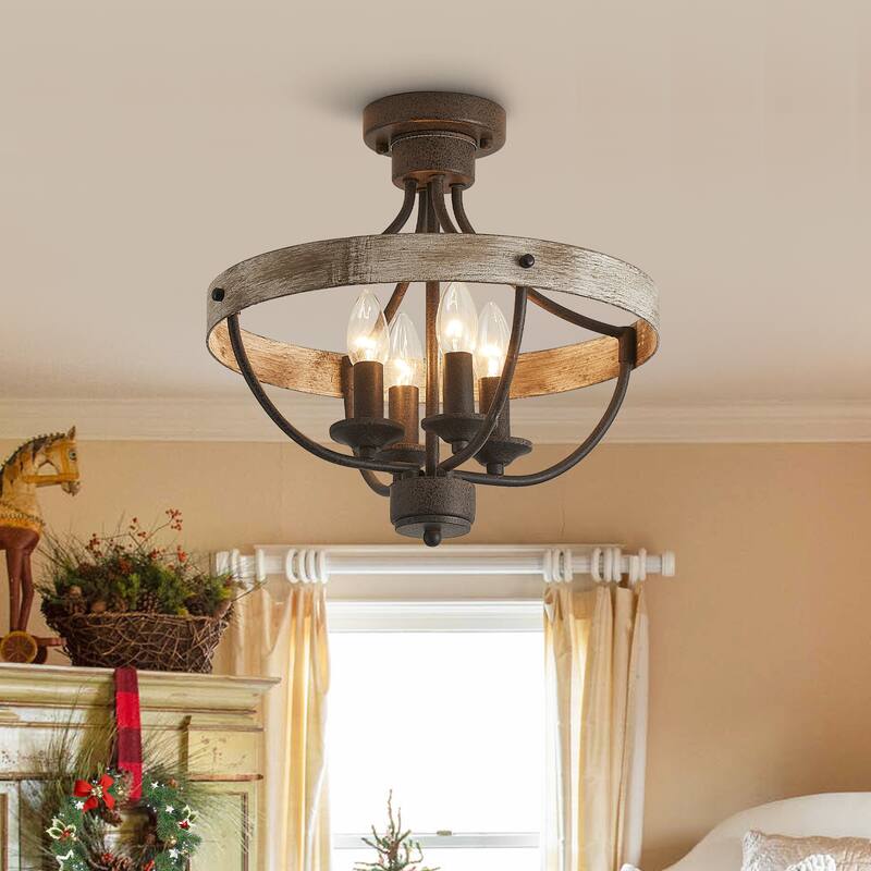 4-Light Rusted Brown Wood Semi-Flush Mount Ceiling Light