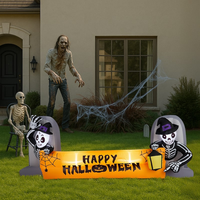 Outdoor Halloween Inflatable Banner 9.6 ft with Glowing LED Skeletons Tombstone Decoration