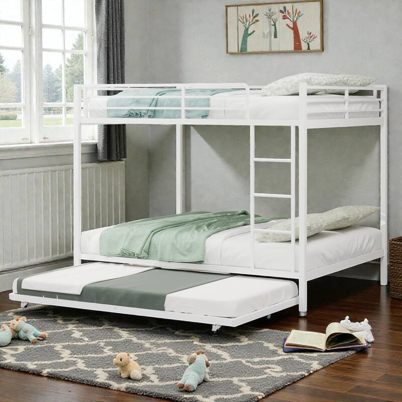 Durable Iron Bunk Bed with Twin Over Full Design, Trundle, Safety Rails, Ladder & Space-Saving Modern Metal Frame