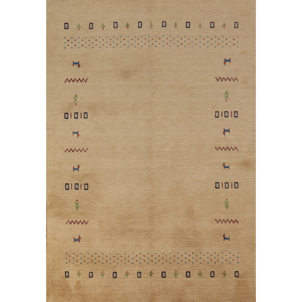 Tribal Gold Gabbeh Oriental Area Rug Hand-Knotted Modern Wool Carpet - 4'8" x 6'6"