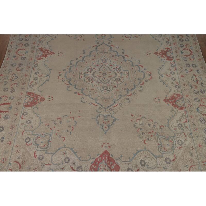 Medallion Tabriz Persian Area Rug Hand-Knotted Beige Wool Carpet - 9'2"x 12'8"