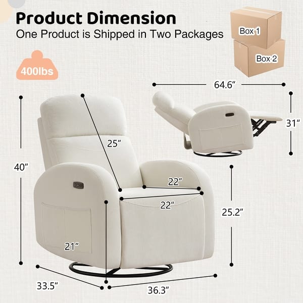 dimension image slide 1 of 12, Power Swivel Rocker Glider Nursery Recliner with USB Port Set of 2