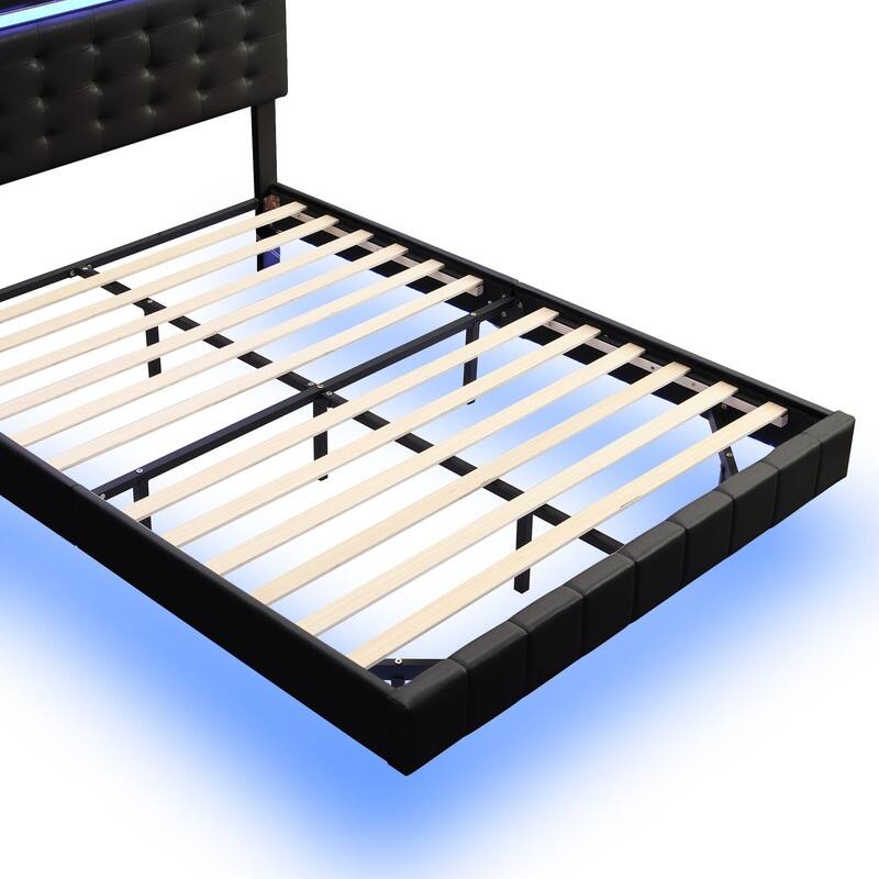 Full Size Floating Platform Bed with LED Lights and USB Charging