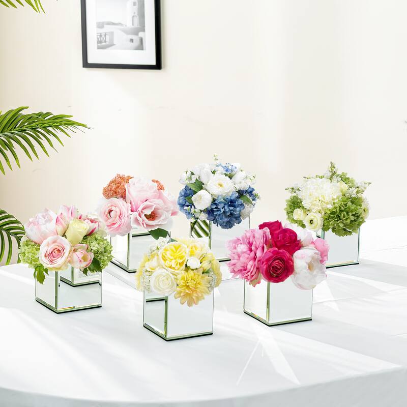 Set of 6 Modern Mirrored Cube Vases - Silver