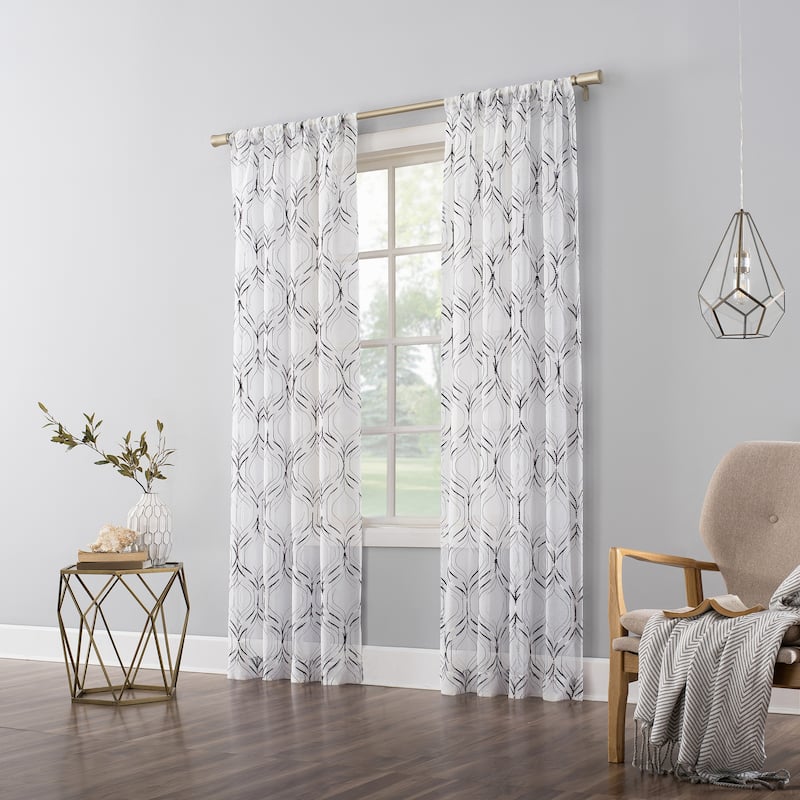 No. 918 Raina Space Dyed Trellis Embroidery Sheer Rod Pocket Curtain Panel, Single Panel
