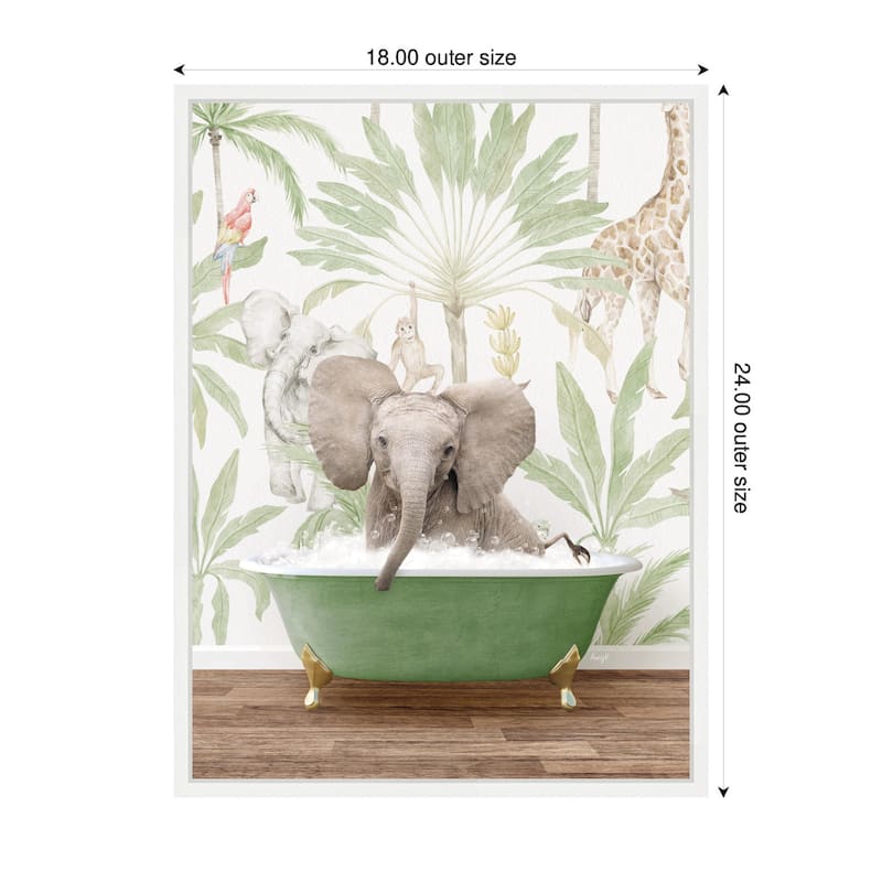 Kate and Laurel Sylvie Baby Elephant 3 in Wild Safari Bathtub Framed Canvas by Amy Peterson