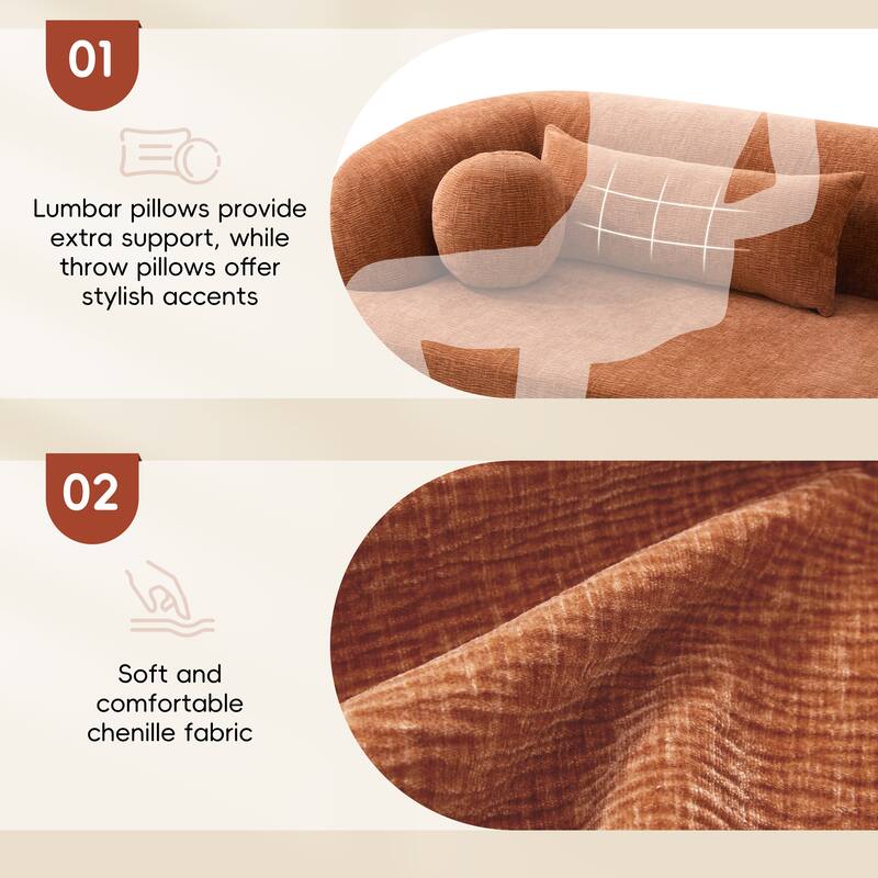 Orange Boneless Couch Upholstered Sofa with Pillows, 3-Seater Sofa Couch Settee Couch for Living Room