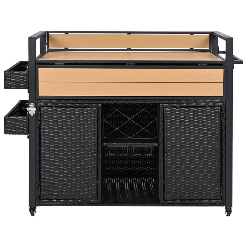 Wicker Outdoor Grill Cart with Drop Leaf Tabletop and Storage Cabinet