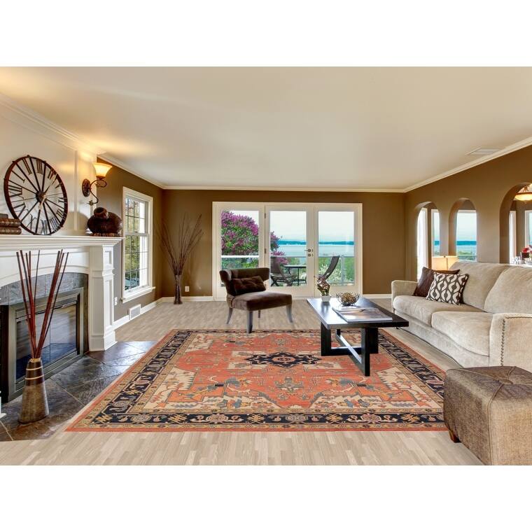 Vegetable Dye Orange Heriz Oriental Area Rug Handmade Wool Carpet - 8'11" x 11'4"