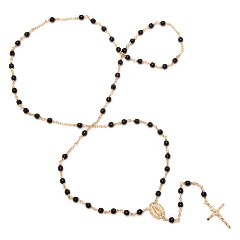 Roberto Martinez Gold or Platinum Plated Polished Black Glass Bead Rosary Necklace - Yellow