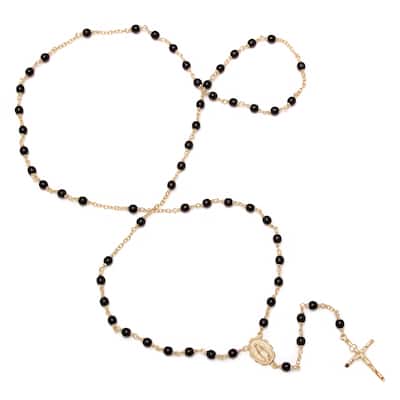 Roberto Martinez Gold or Platinum Plated Polished Black Glass Bead Rosary Necklace
