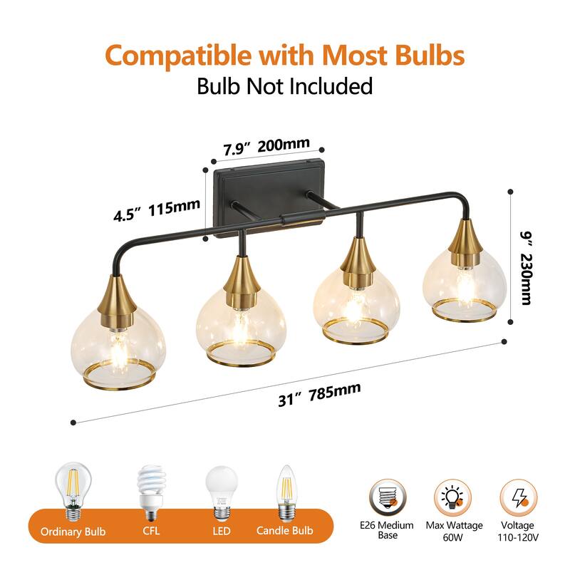 31" Modern 4-Light Vanity Wall Sconce, Bathroom Light Fixture with Clear Glass Shades