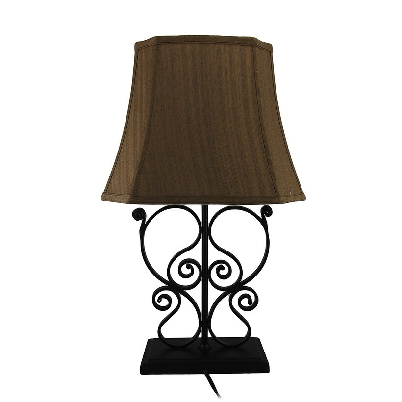 Set Of 2 Matte Black Metal Scrollwork Table Lamps With Decorative Fabric Shade Overstock 16751603