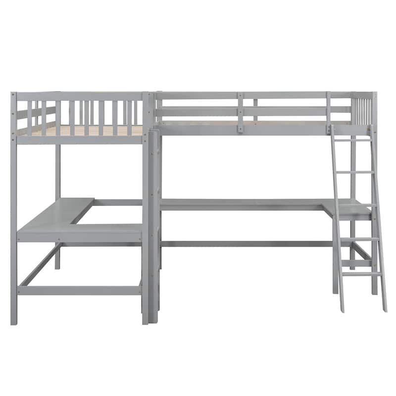 Twin Size Wood L-Shaped Loft Bed with Ladder and 2 Built-in Desks