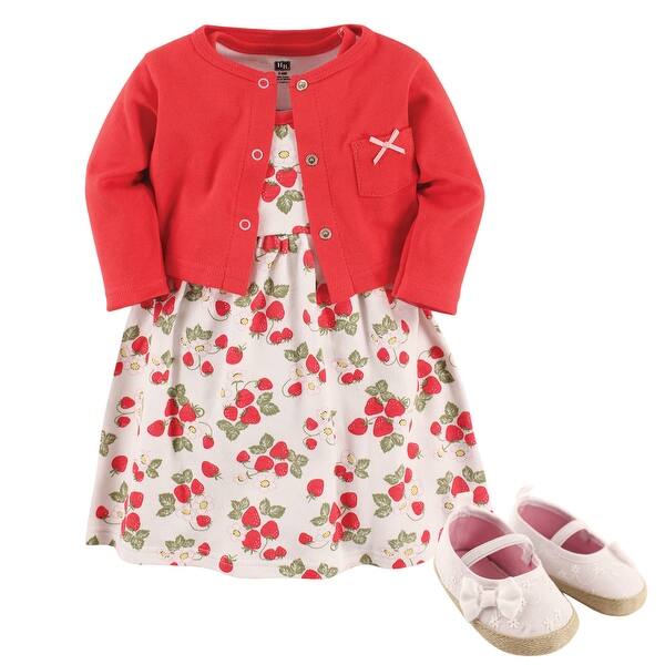 slide 1 of 1, Hudson Baby Infant Girl Cotton Dress, Cardigan and Shoe 3pc Set, Strawberry 0-3 Months - Strawberry