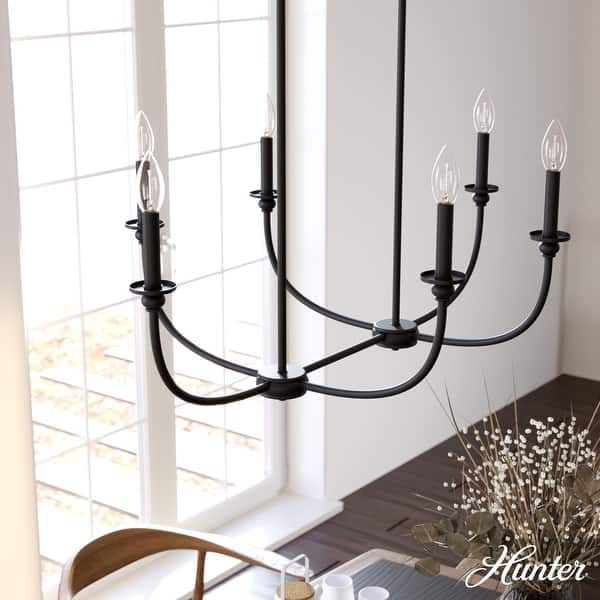 slide 2 of 13, Hunter Southcrest Chandelier - Entry, Dining Table, Kitchen Island - Farmhouse, Transitional, Candle 36" -6 Light Linear - Black