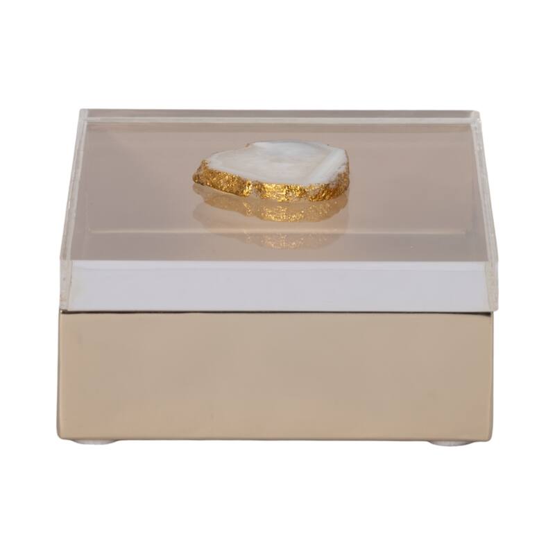 Decorative Box with Lid & Agate Stone Knob - 7", Gold & White - 7.0"