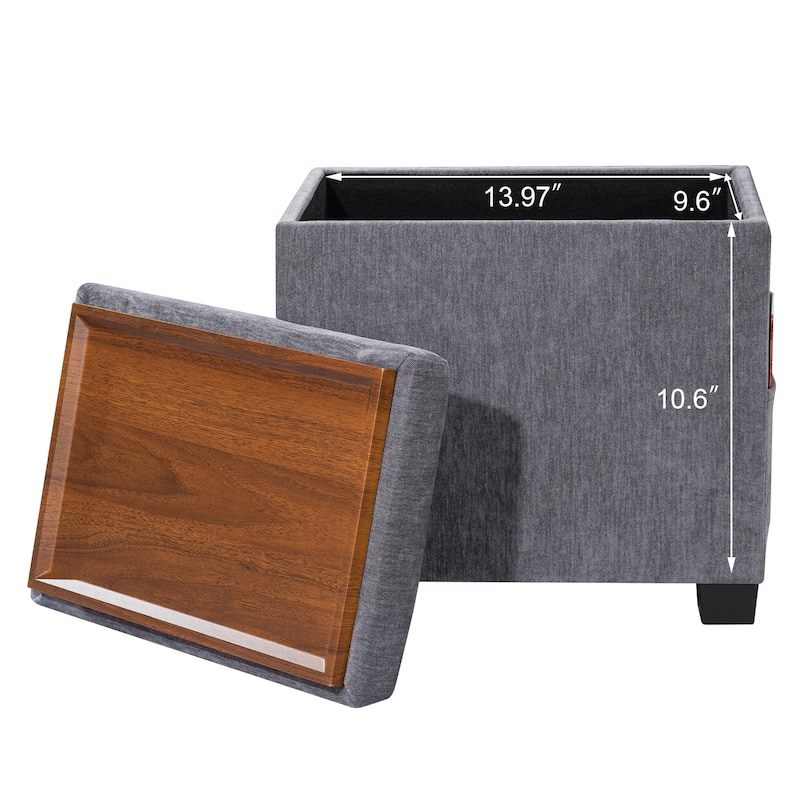 Adeco 16" W Upholstered Rectangle Storage Ottoman with Tray and Pocket