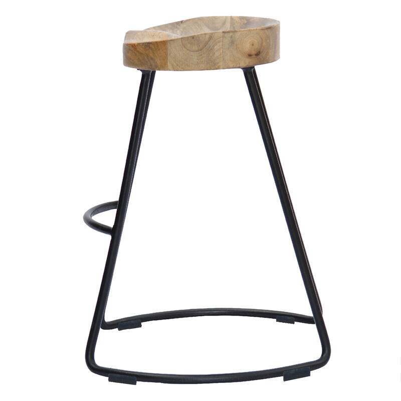 Ela 30 Inch Mango Wood Bar Stool, Saddle Seat, Iron Frame Brown and Black