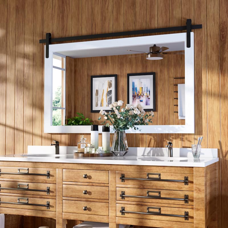 Rustic Farmhouse Mirror Vanity Mirror Solid Wood Frame with Metal Barn Style Mirror