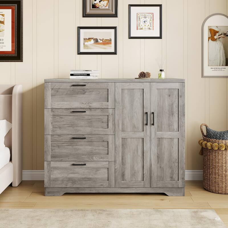43.3" Armoire Wardrobe Closet with 4 Drawers & 2 Doors, Hanging Rod, Compact Wooden Storage Cabinet for Bedroom