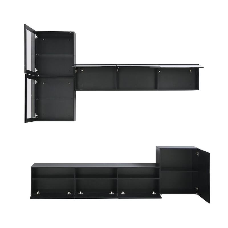 93" Modern High Gloss TV Stand with Wall Mounted Floating Storage Cabinets