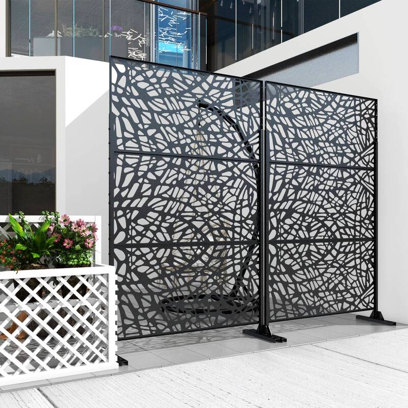 Black Metal Free Standing Outdoor Privacy Screen for Patio Garden