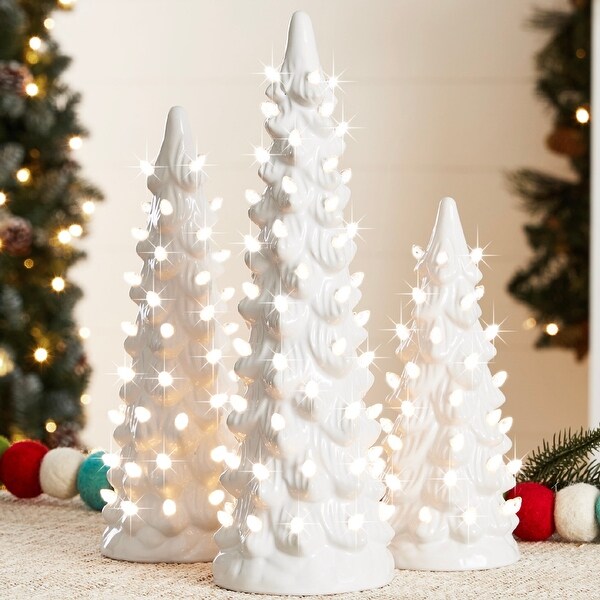 Set of 3 Pre-Lit Ceramic Tabletop Christmas Trees - Bed Bath