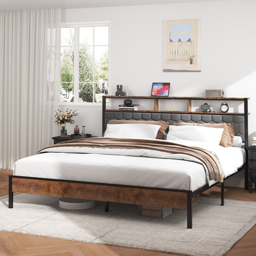 Platform Bed Metal Bed Frame with Soft Package Headboard, USB Ports, Storage Shelf, Under Bed Storage, Noise Free, Grey Brown