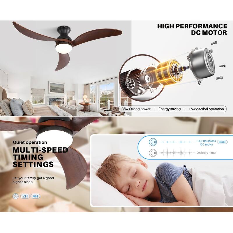 52" Low Profile Smart Ceiling Fan with LED Light, Remote or Phone APP Control,Black with Walnut Blades