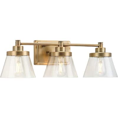 Hinton Collection Three-Light Vintage Brass Clear Seeded Glass Farmhouse Bath Vanity Light - 24.5 in x 7.12 in x 7.75 in