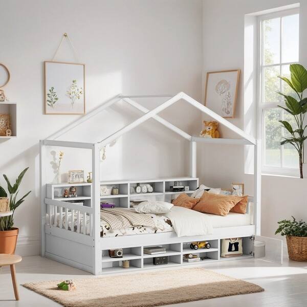 slide 2 of 9, Twin Size Wooden Kids Furniture House Bed Kids Bed with Shelves and a Mini-cabinet, White White