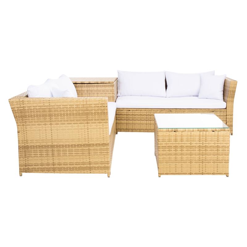 SAFAVIEH Helga Outdoor 4-Piece Conversation Patio Set with Storage - 57"W x 31"D x 26"H