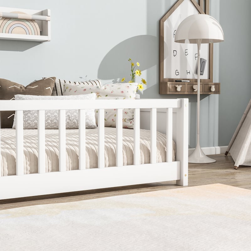 Twin Floor Bed with Built-in Bookcase Rubber Wood Low Profile Platform Bed