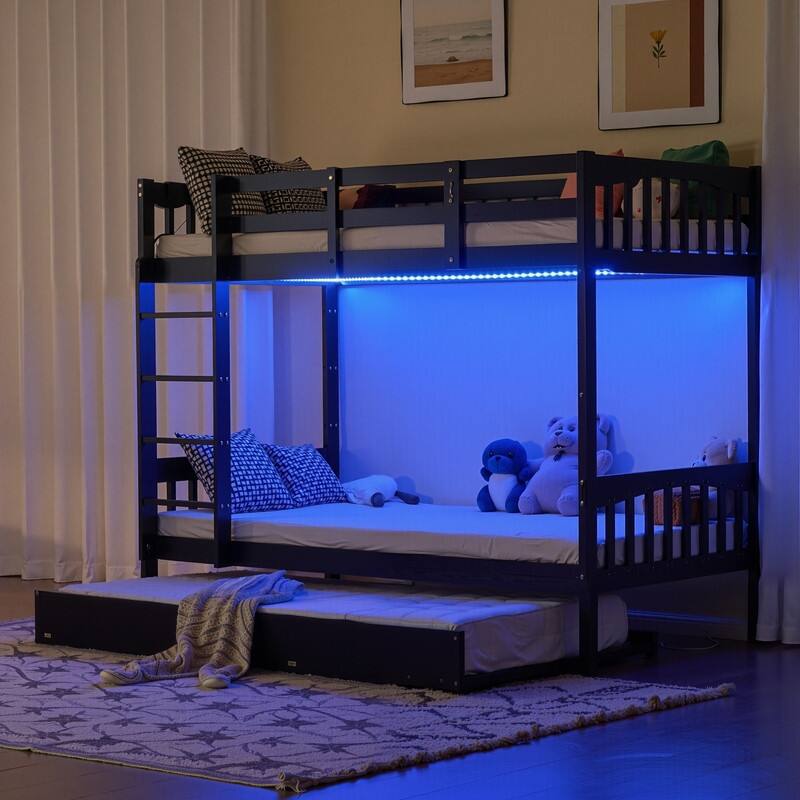 Twin over Twin Wood Bunk Bed with RGB LED Light,USB Port Charging Station and Guardrail ,Trundle Bed,Reversible Ladder