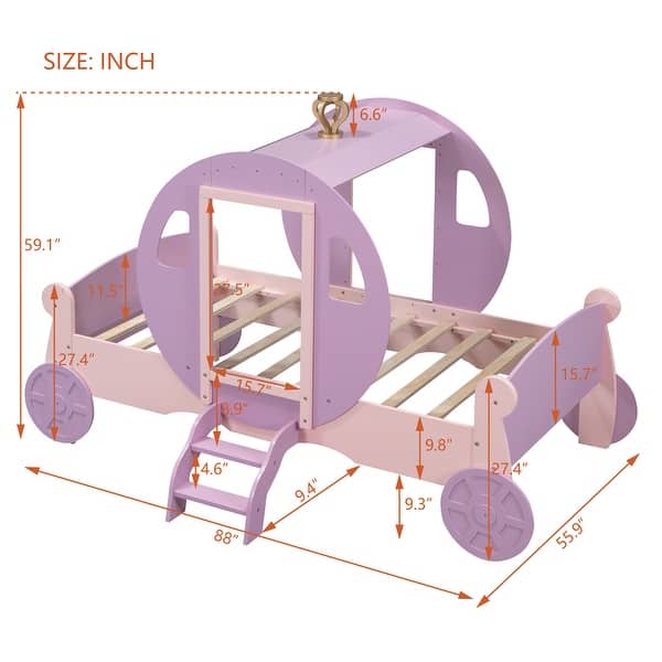 dimension image slide 0 of 2, Crown Princess Carriage Bed with Wheels, Kids Platform Bed Frame Wood Slat Support Panel Bed