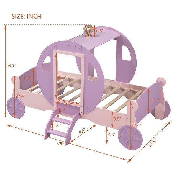 dimension image slide 1 of 2, Twin Size Princess Carriage Bed with Crown - Purple and Pink Wood Platform Car Bed with Stair